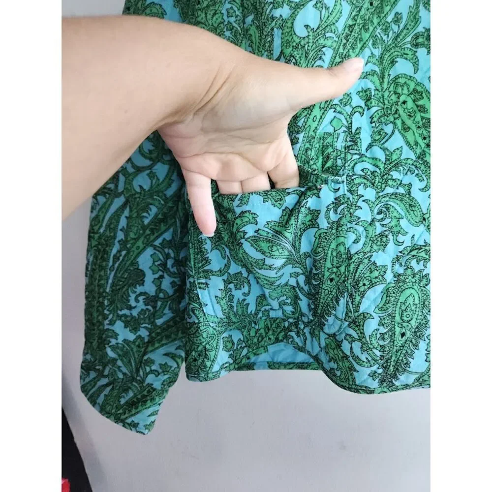 Charter Club Women Teal Green & Blue Floral Quilted Cotton Button Jacket size XL